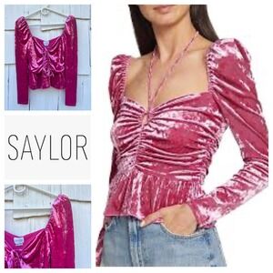 SAYLOR Velvet Top Tie Front Long Sleeve Sweetheart Neckline Pink Size‎ S